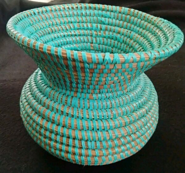 Handwoven Coil Basket Vase Boho Natural Base w Bright Light Teal Threading 7"X9" - Image 3