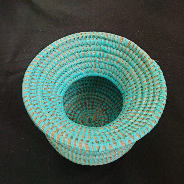 Handwoven Coil Basket Vase Boho Natural Base w Bright Light Teal Threading 7"X9" - Image 4