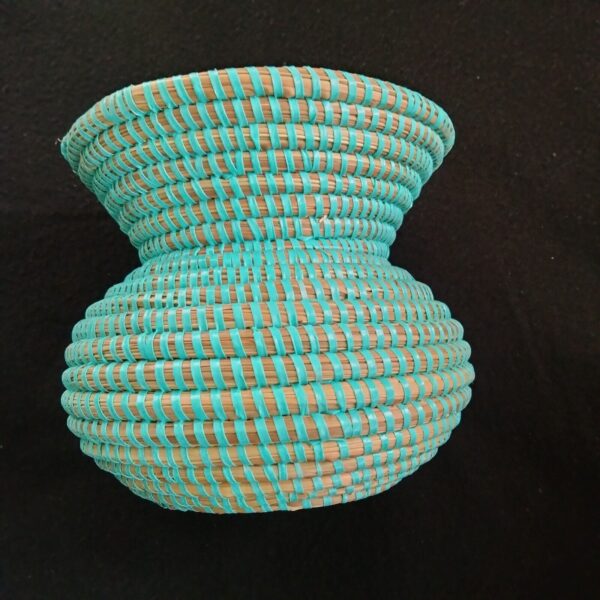 Handwoven Coil Basket Vase Boho Natural Base w Bright Light Teal Threading 7"X9" - Image 5