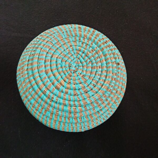 Handwoven Coil Basket Vase Boho Natural Base w Bright Light Teal Threading 7"X9" - Image 6