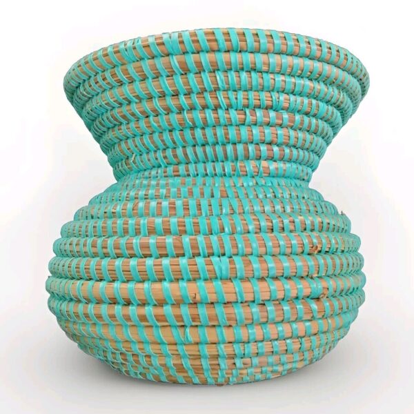 Handwoven Coil Basket Vase Boho Natural Base w Bright Light Teal Threading 7"X9"