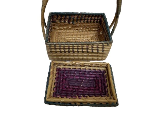 Handwoven Small Coiled Straw Rectangle Basket w/Lid Handle Trinket Rustic Boho - Image 4