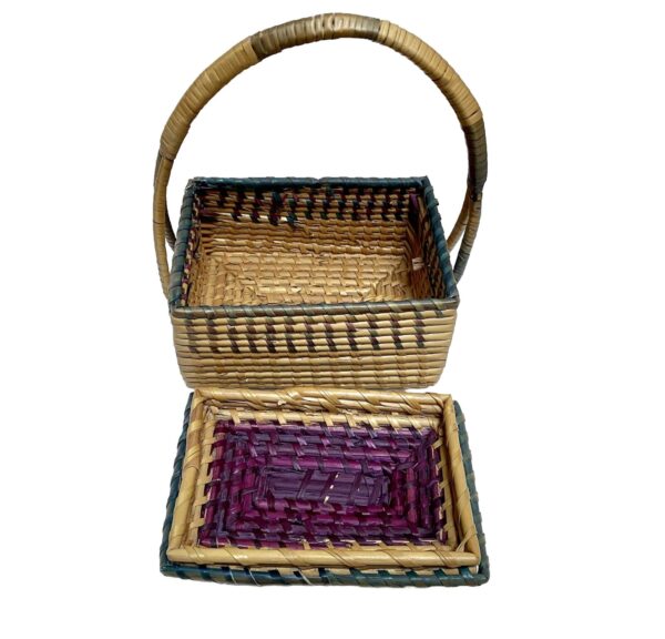 Handwoven Small Coiled Straw Rectangle Basket w/Lid Handle Trinket Rustic Boho - Image 5