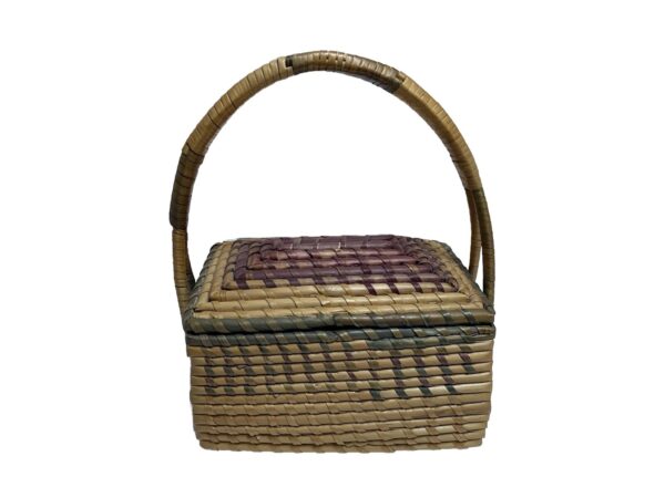 Handwoven Small Coiled Straw Rectangle Basket w/Lid Handle Trinket Rustic Boho