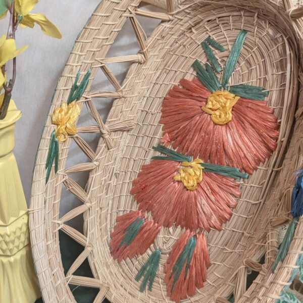 Handwoven Vintage Embroidered Flower Boho Basket with Handles for Wall or Table - Image 3