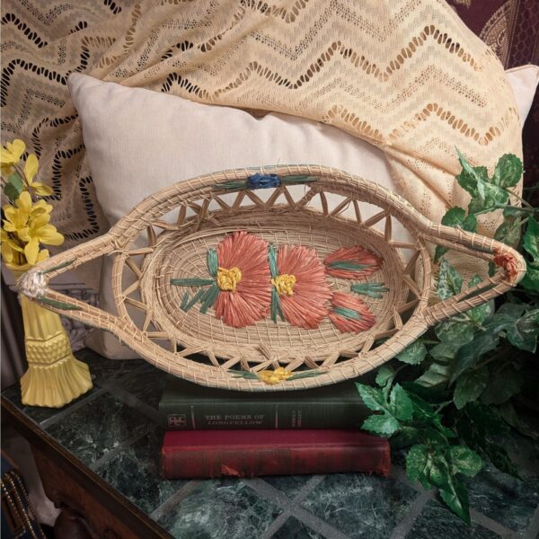 Handwoven Vintage Embroidered Flower Boho Basket with Handles for Wall or Table - Image 4