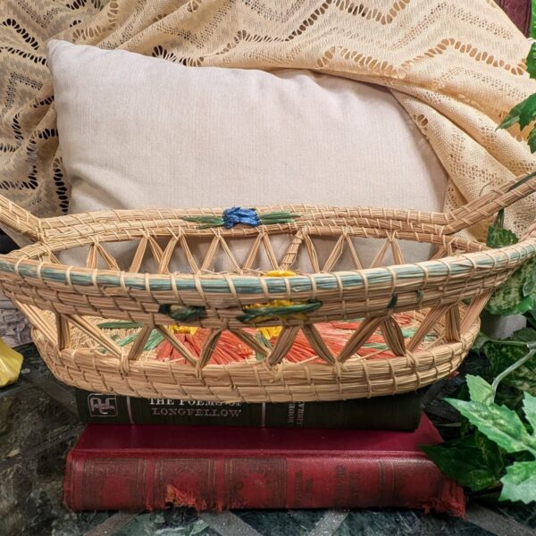 Handwoven Vintage Embroidered Flower Boho Basket with Handles for Wall or Table - Image 6