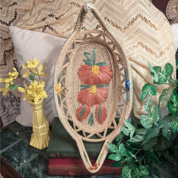 Handwoven Vintage Embroidered Flower Boho Basket with Handles for Wall or Table