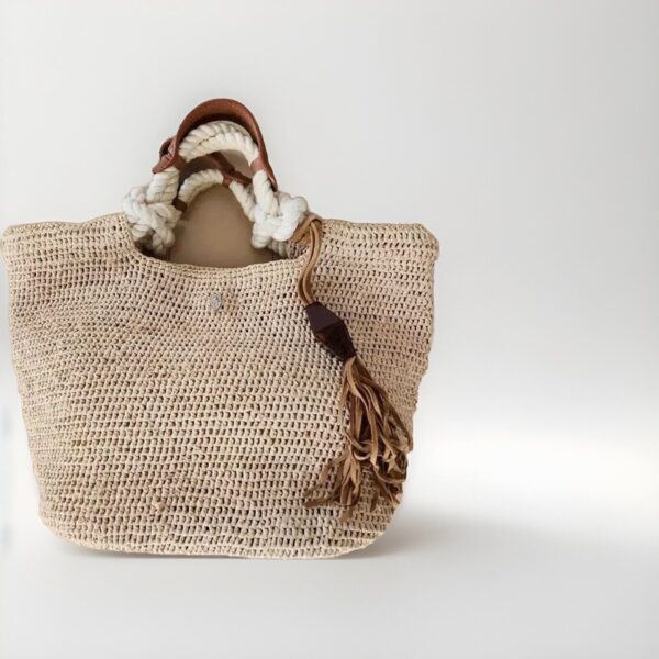 Helen Kaminski Raffia Tote Basket Bag, Beige Brown Leather & Rope Handle. Boho