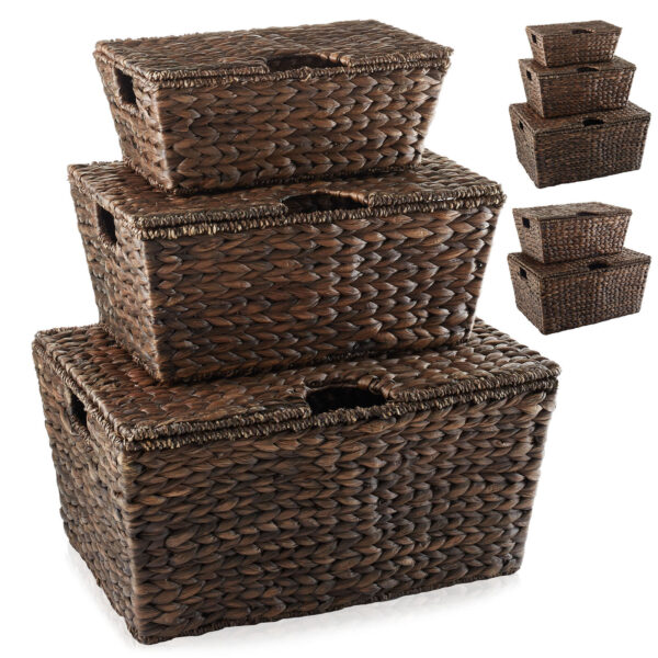 Hyacinth Storage Chests with Lids, Wicker Nesting Baskets w/ Tapered Bottoms