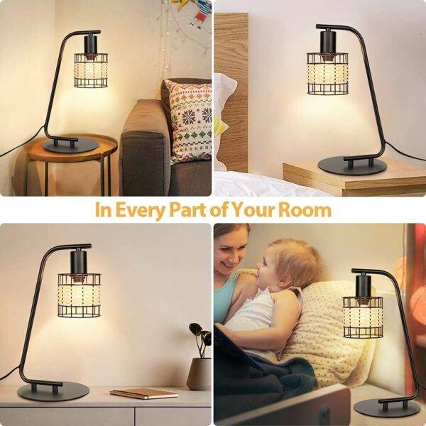 Industrial Black Table Lamp, Modern Nightstand Lamp with Rattan Shade, LED Re... - Image 2