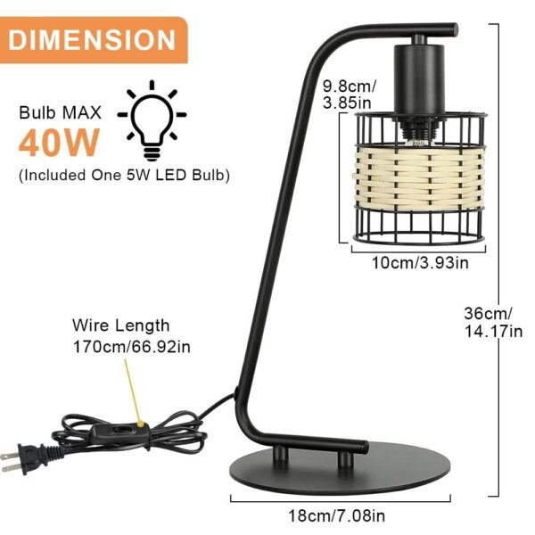 Industrial Black Table Lamp, Modern Nightstand Lamp with Rattan Shade, LED Re... - Image 3