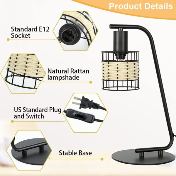 Industrial Black Table Lamp, Modern Nightstand Lamp with Rattan Shade, LED Re... - Image 4