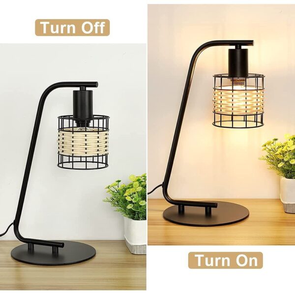 Industrial Black Table Lamp, Modern Nightstand Lamp with Rattan Shade, LED Re... - Image 5