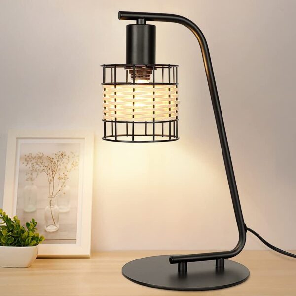 Industrial Black Table Lamp, Modern Nightstand Lamp with Rattan Shade, LED Re...