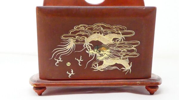 Japanese Red Lacquered Wooden Letter Holder Dragon Bamboo Design - Image 2