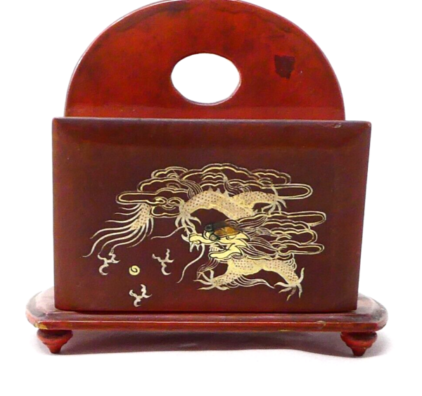 Japanese Red Lacquered Wooden Letter Holder Dragon Bamboo Design