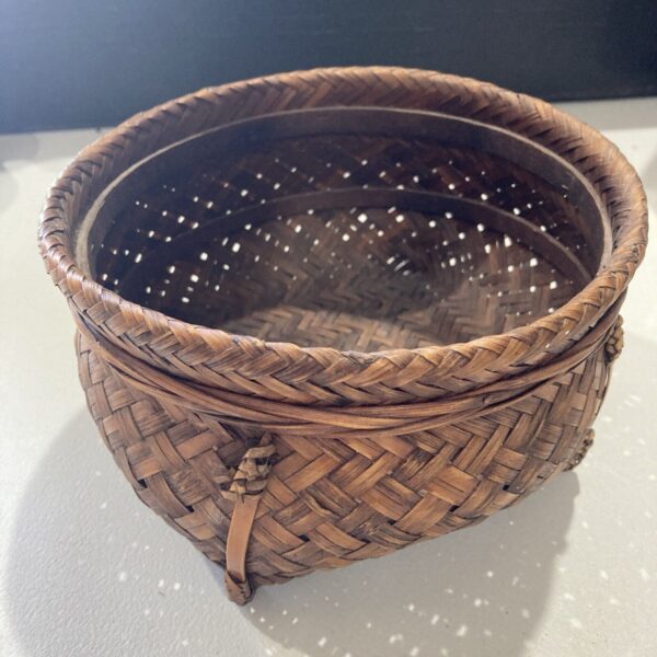 Japanese Vintage Basket Woven Bamboo Pedestal Feet 7” Diameter X 4” High Boho - Image 2