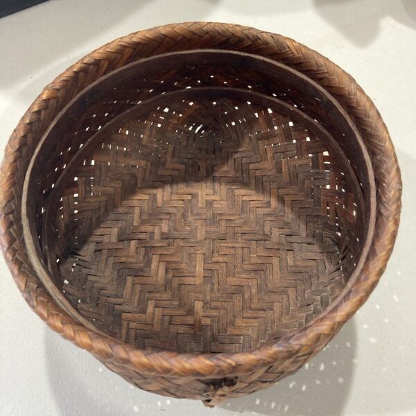 Japanese Vintage Basket Woven Bamboo Pedestal Feet 7” Diameter X 4” High Boho - Image 3