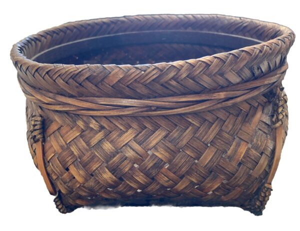 Japanese Vintage Basket Woven Bamboo Pedestal Feet 7” Diameter X 4” High Boho