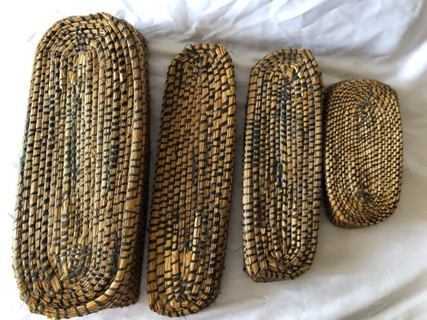 Job Lot 4 Antique French Hand Woven Rye Straw Coiled Shallow Baskets c1900 - Image 6