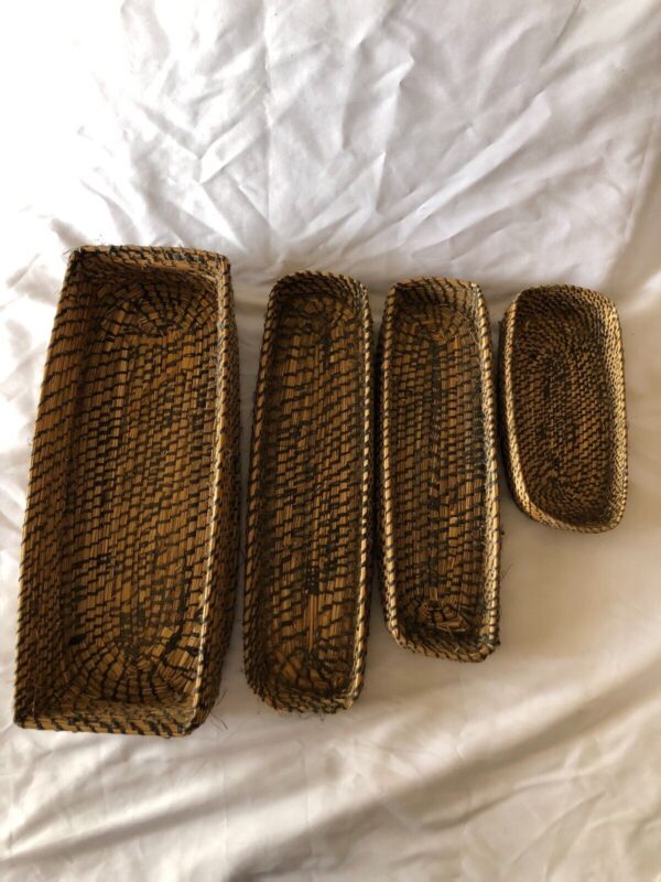 Job Lot 4 Antique French Hand Woven Rye Straw Coiled Shallow Baskets c1900 - Image 3