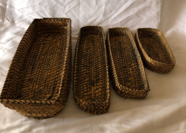 Job Lot 4 Antique French Hand Woven Rye Straw Coiled Shallow Baskets c1900 - Image 2