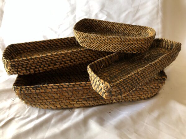 Job Lot 4 Antique French Hand Woven Rye Straw Coiled Shallow Baskets c1900