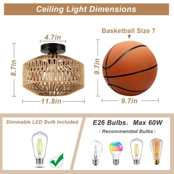 Jobtical Boho Light Fixtures Ceiling Mount,Mini Rattan Chandelier Light Fixtu... - Image 3