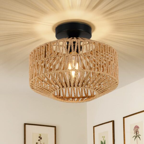 Jobtical Boho Light Fixtures Ceiling Mount,Mini Rattan Chandelier Light Fixtu...