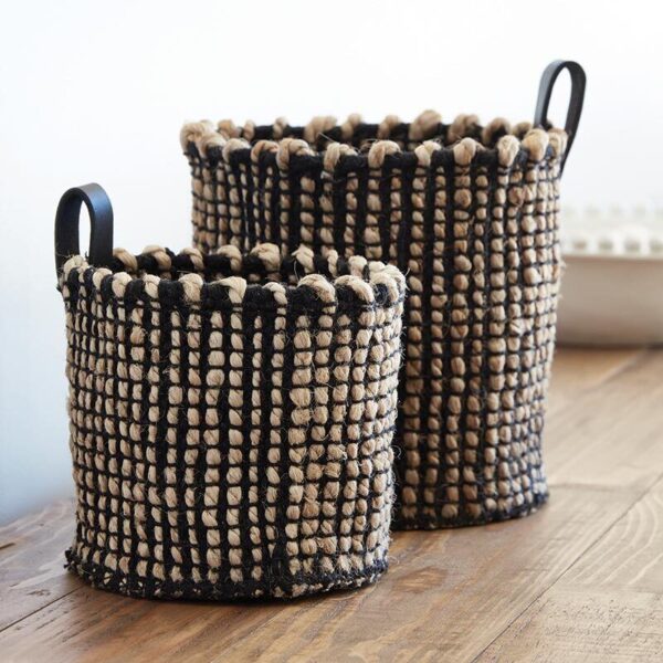 Jute Basket with Leather Belt 4 inch x 4 inch Small Storage Baskets Pack of 3 - Image 2