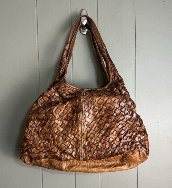 Langelloti Large Genuine Leather Brown Handbag Tote Western Boho Basket Weave - Image 3