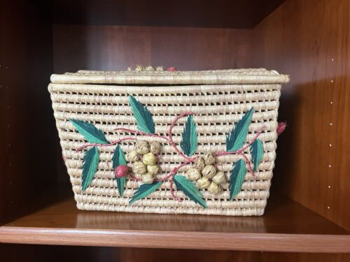 Large Vintage Woven Floral Accent Basket Trinket Box Boho Farm House Decor - Image 7