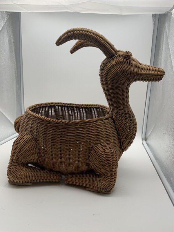 Large Wicker Ratan Boho Vintage Ram Basket Magazine Holder Or Plant Basket - Image 4