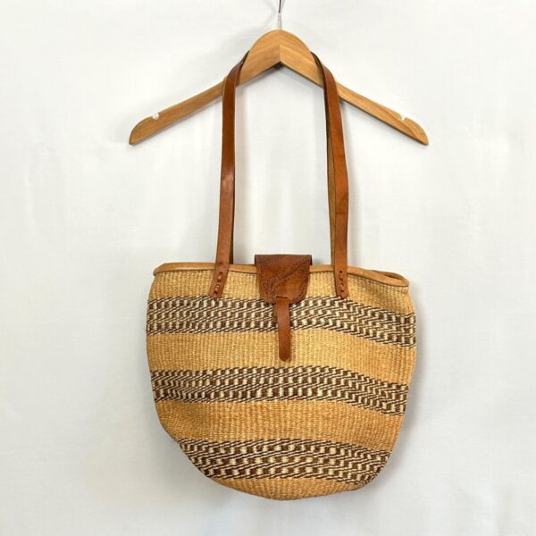 Large Woven Brown Jute Basket Bag Tote Embossed Leather Trim Zips Closed - Image 2