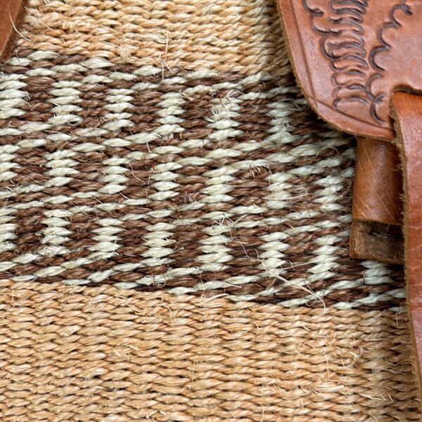 Large Woven Brown Jute Basket Bag Tote Embossed Leather Trim Zips Closed - Image 5