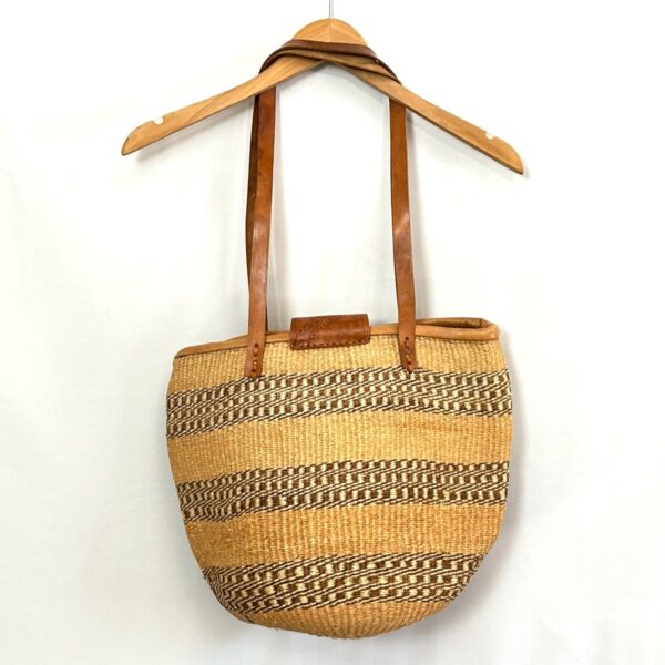 Large Woven Brown Jute Basket Bag Tote Embossed Leather Trim Zips Closed - Image 6