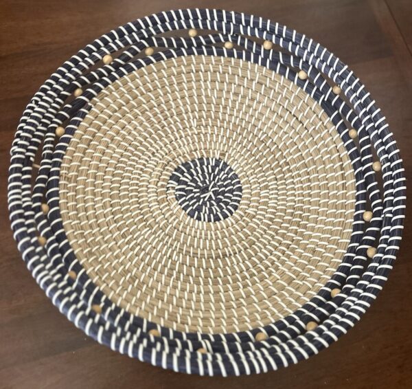 Large Woven Seagrass Wall Decor Basket Beige/Blue With Beads 22” Boho Wall Hang