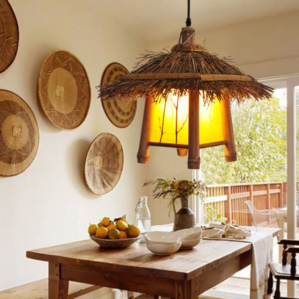 Loft Countryside Bamboo Pendant Lamp Fixture Rattan Hanging Light Chandelier - Image 2