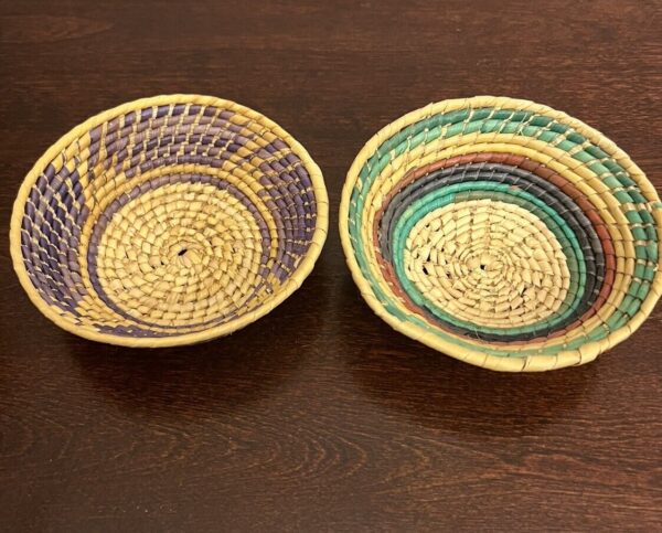 Lot of 2 Vintage Handwoven Straw Baskets Trinket Bowls Coiled Boho 5.5” Wide