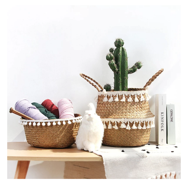 Macrame Boho Wicker Basket Laundry Collapsable Storage Woven Straw Tassel Decor - Image 2