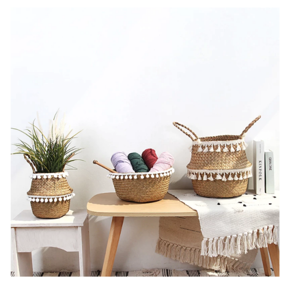 Macrame Boho Wicker Basket Laundry Collapsable Storage Woven Straw Tassel Decor