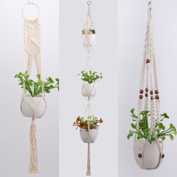 Macrame Hanging Basket Boho Deco Cotton Rope Hanging Basket Flower Pot Plants US - Image 2