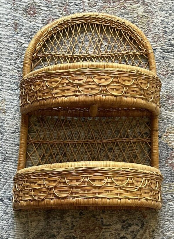 MCM rattan wicker boho wall shelf two basket, kitchen bathroom 22” tall 1970s ?