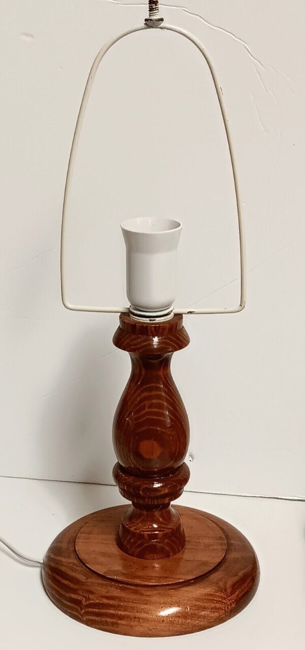 MCM Solid Oak 15.5" Base Lamp & Boho Rattan Faux Oak Panel 10" Lampshade Vtg - Image 5