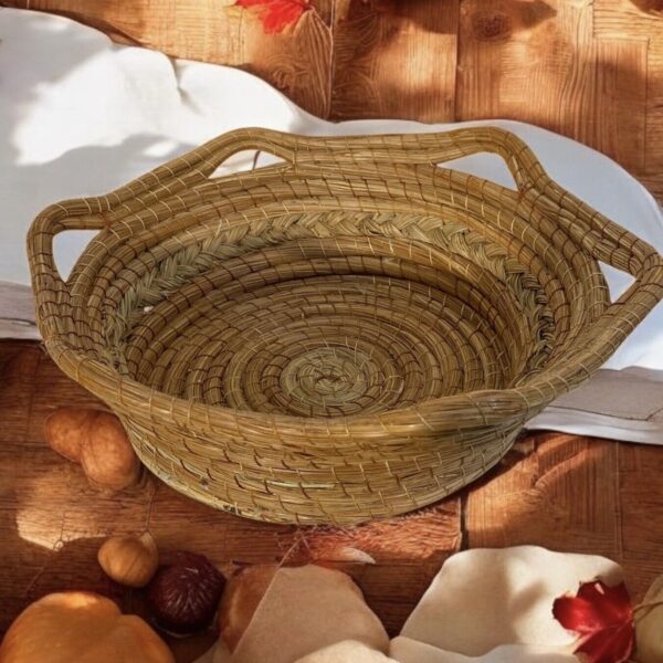 MEXICAN MICHOACAN FOLK ART BASKET Pine Straw Braided Detail BoHo TRAY BOWL EUC