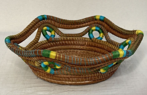 MEXICAN MICHOACAN FOLK ART HAND MADE WOVEN Blue green BoHo BASKET TRAY BOWL - Image 2