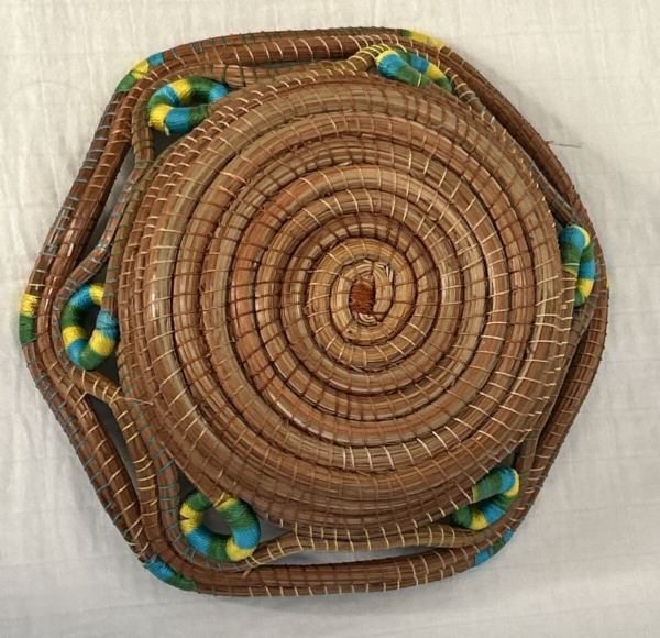 MEXICAN MICHOACAN FOLK ART HAND MADE WOVEN Blue green BoHo BASKET TRAY BOWL - Image 4