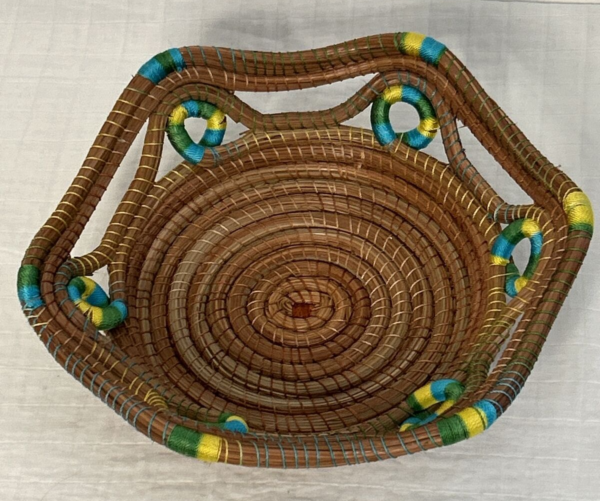 MEXICAN MICHOACAN FOLK ART HAND MADE WOVEN Blue green BoHo BASKET TRAY BOWL