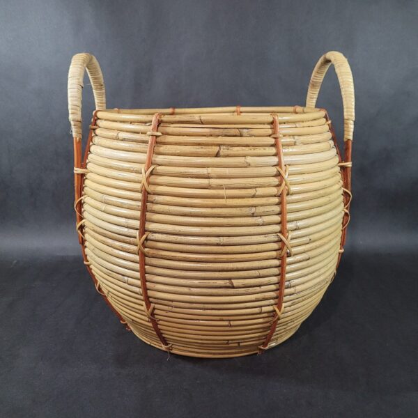 Mid Century Pencil Reed Basket Plant Bamboo Rattan with Handles Hand Made - Image 2